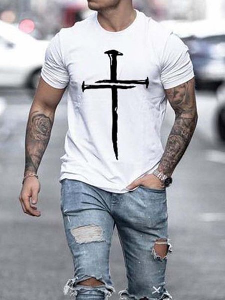 

Short Sleeve Crew Neck Casual Printed Shirts & Tops, White, Men's t-shirts