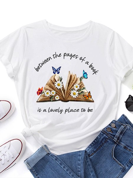 

Daisy Butterfly Book is a Lovely Place Short Sleeve Cotton Shirts & Tops, White, T-shirts