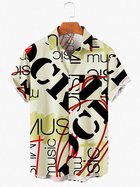 

Mens Music Print Casual Lapel Pocket Short Sleeve Hawaiian Shirts, White, Men's Floral shirt