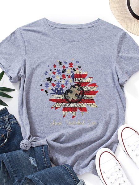 

American flag Accept Undenstand Love Crew Neck Short Sleeve Casual Shirts & Tops, Light gray, T-shirts