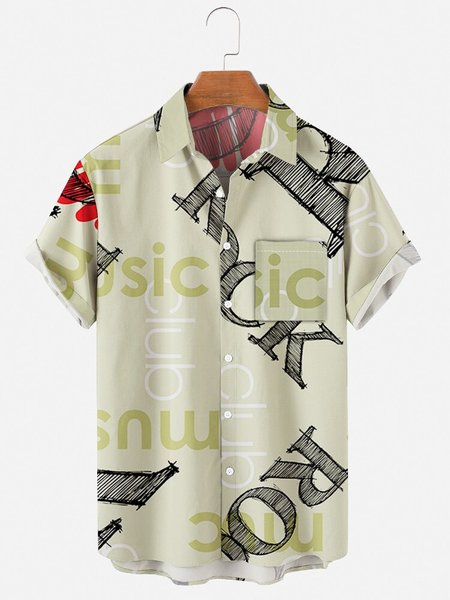 

Mens Letter Music Print Casual Lapel Pocket Short Sleeve Hawaiian Shirts, Green, Men's Floral shirt