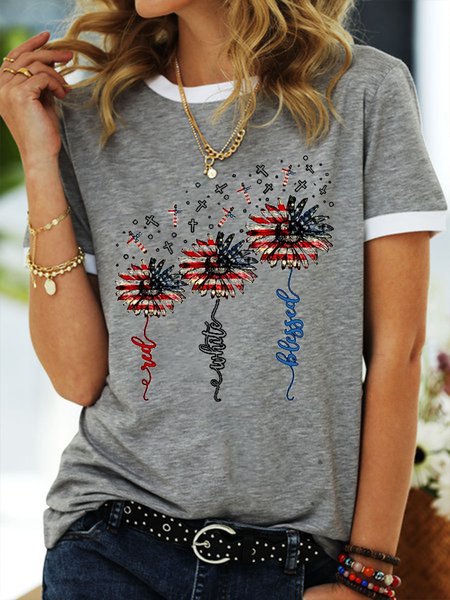 

American Flag Sunflower T Shirt Women Star and Striped Tee, Grey, T-shirts