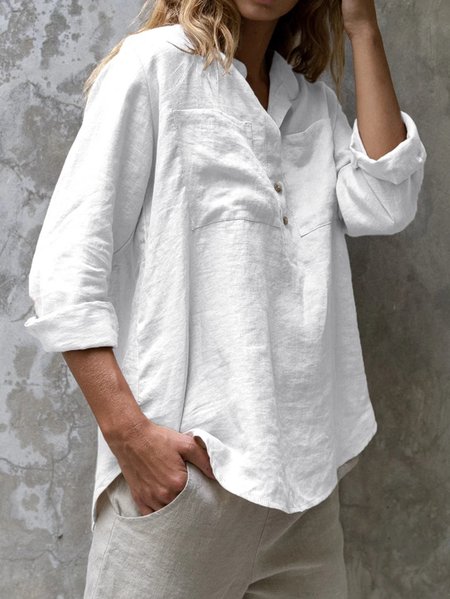 

Shirt Collar Plain Pockets Long Sleeve Blouse, White, Blouses & Shirts