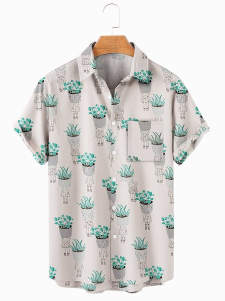 

Men's comfortable loose chest pocket shirt, White, Men's Floral shirt