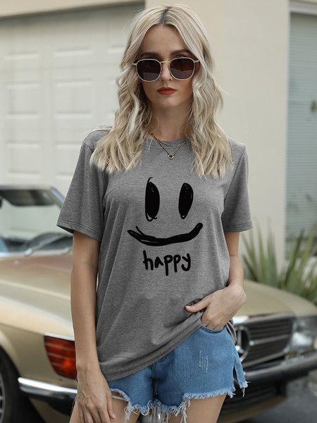 

Happy Smiley Face Graphic Short Sleeve T Shirt, Light gray, T-shirts
