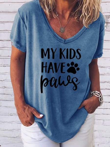 

My Kids have Paws T Shirt Women Graphic V Neck Tee Top, Blue, T-shirts
