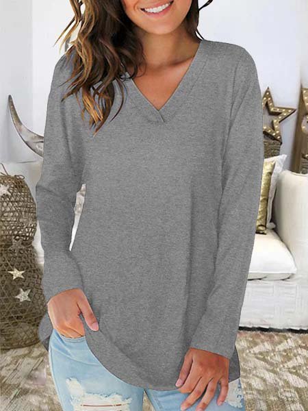 

Maniche Lunghe Casuale Scollo a V Solido Top, Grigio, Tops