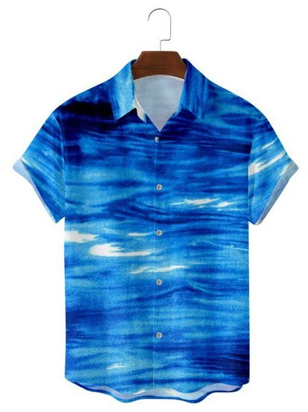 Mens Ombre Print Lapel Casual Loose Short Sleeve Hawaiian Shirt, Blue, Short Sleeves Shirts