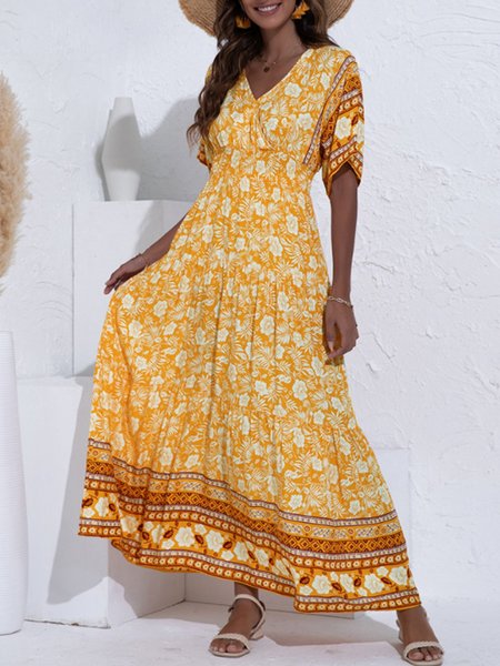 

Short Sleeve A-Line Holiday V Neck Dress, Yellow, Maxi Dresses
