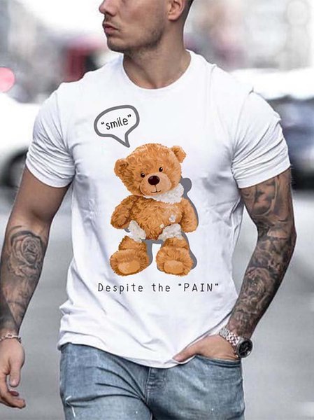 

Printed Short Sleeve Casual Crew Neck Shirts & Tops, White, T-shirt