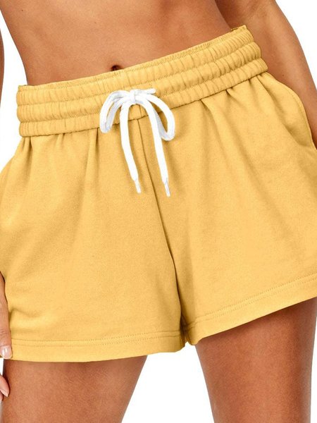 

Fashion High Waist Casual Straight Drawstring Solid Sports Shorts, Yellow, Shorts