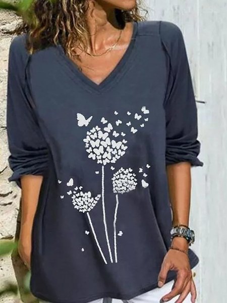 

Vintage Maniche Lunghe Dente di leone Stampato Scollo a V taglia grande Casuale Top, Blu marino, Blouses & Shirts