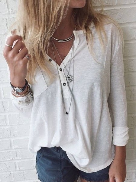 

Casual Plain Long Sleeve T-shirt, White, Tops