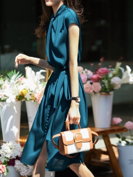 

Work Stand Collar Shift Lady Daily Midi Dress, Peacock, Midi Dresses