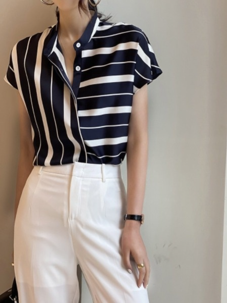 

Lavoro Dritto Maniche Corte Colletto Rialzato Camicie & Top, Nero, Blouses & Shirts
