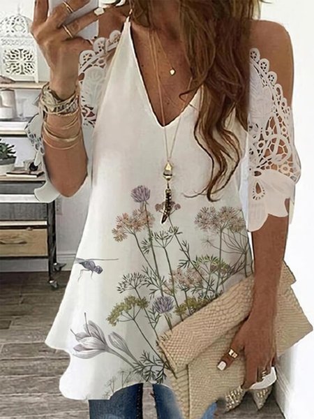 

Vintage Pizzo Mezza Manica Floreale Libellula Stampato Scollo a V taglia grande Casuale Top, Bianco, Tops