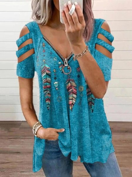 

Cotton Casual Short Sleeve Tops, Sky blue, T-Shirts