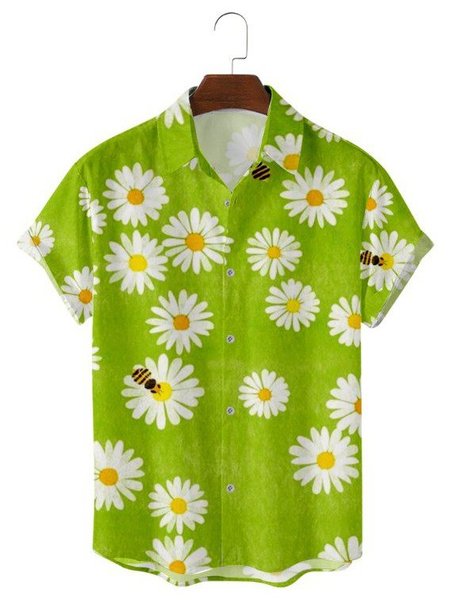 

Mens Daisy Bee Print Lapel Casual Loose Short Sleeve Hawaiian Shirt, Green, Short Sleeves Shirts