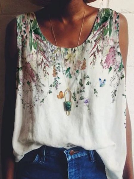 

Crew Neck Simple Printed Cotton Shirts & Tops, White, Tops