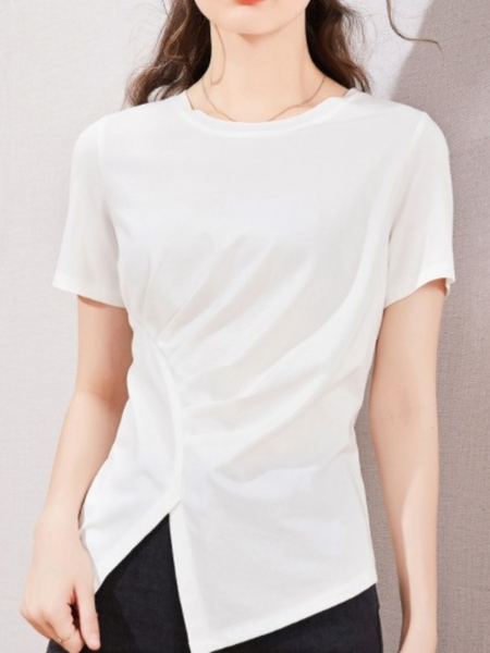 

Daily Crew Neck A-line Short Sleeve Gathered Shirts & Tops, White, Blouses and Shirts