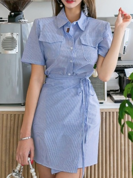 

Work Shirt Collar Short Sleeve Asymmetric Dress, Blue, Mini Dresses