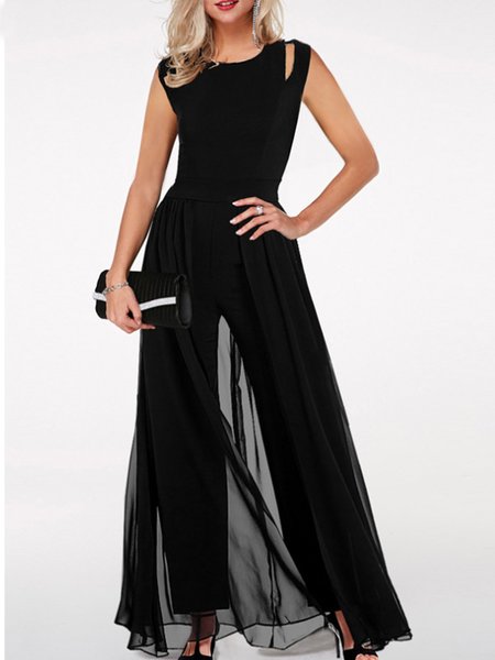 

Crew Neck Solid Elegant One-Pieces, Black, Jumpsuits