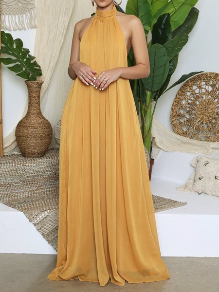 

Sleeveless Plain Shift Holiday Halter Jumpsuit, Yellow, Jumpsuits