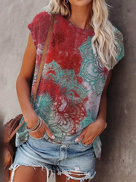 

Dritto Floreale Ricorrere Maniche Corte Top, Rosso, Blouses & Shirts