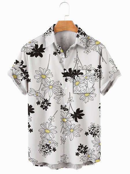 

Men's comfortable casual loose chest pocket shirt, White-black, Men's Floral shirt