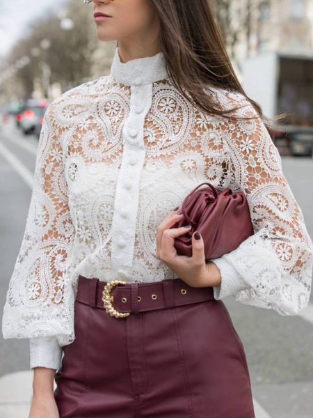 

Stand Collar Elegant Shift Top, White, Blouses and Shirts