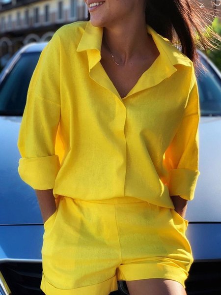

Plain Shirt Collar Suit, Yellow, Pants Set
