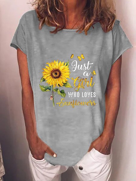 

Just A Girl Who Loves Sunflowers Casual Crew Neck Short Sleeve T-shirt, Gray, T-shirts