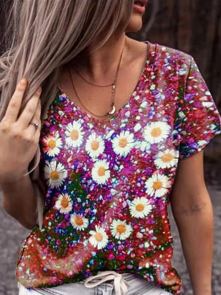 

V Neck Floral-Print Casual Cotton T-shirt, Red, T-Shirts