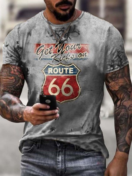 

Printed Cotton-Blend Vintage Crew Neck Shirts & Tops, Light gray, T-shirt