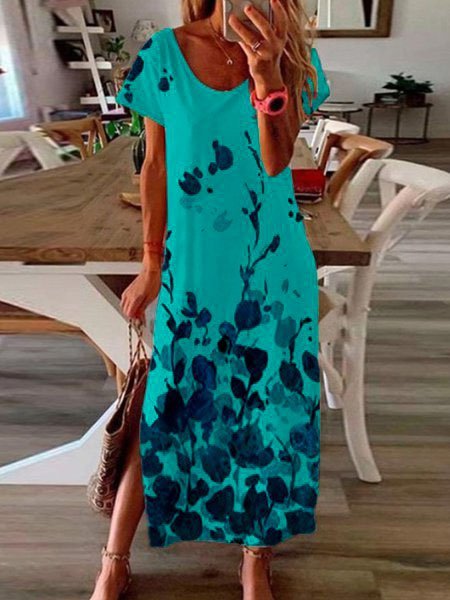 

Printed Scoop Neckline Ombre/tie-Dye Short Sleeve Casual Holiday Knitting Dress, Lightgreen, Floral Dresses
