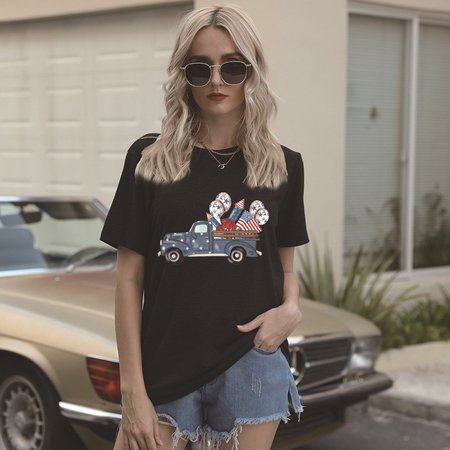 

American flag car Cotton Crew Neck Shirts & Tops, Black, T-shirts