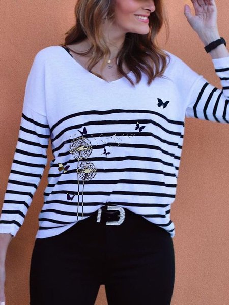 Stripes Crew Neck Casual Tops, White, Long sleeve tops