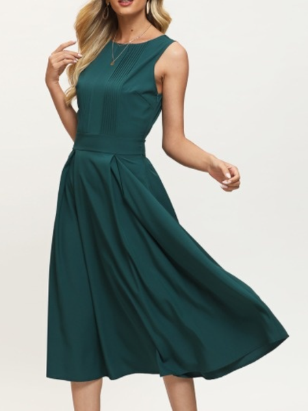 

Work Crew Neck A-line Lady Date Midi Dress, Green, Midi Dresses