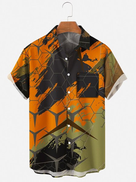 

Mens Graphic Print Casual Lapel Pocket Short Sleeve Hawaiian Shirts, Orange, Men's Floral shirt