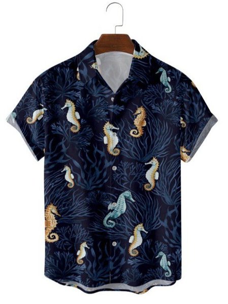 

Mens Seafish Print Lapel Casual Loose Short Sleeve Hawaiian Shirt, Deep blue, Men's Floral shirt
