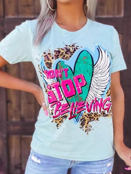 

Vintage Boho Leopard Letter Geometric Printed Plus Size Short Sleeves Round Neck Casual Tops, Blue, Printed T-shirts
