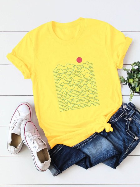 

Abstract Line Landscape Painting Round Neck Tee, Yellow, T-shirts