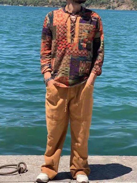 

Casual Solid Drawstring Casual Pants, Yellow brown, Men's pants