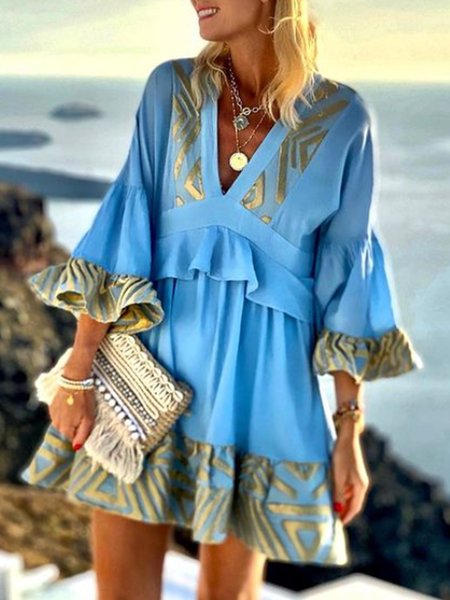 

V Neck Half Sleeve Resort Printed Mini Dress, Blue, Mini Dresses