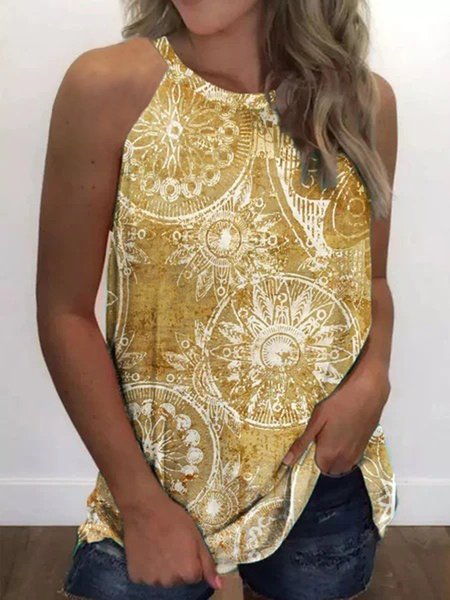 

Sleeveless Crew Neck Floral-Print Tribal Shirts & Tops, Yellow, Tops