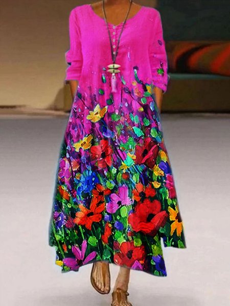 Casuale 3/4 Manica Girocollo Abito, Rosa, Maxi Dresses
