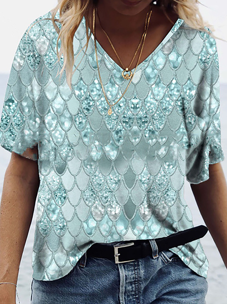 

Plus size Geometric Printed Short Sleeve T-shirt, Sky blue, Tops