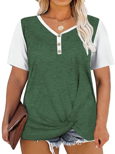 

V Neck Shift Cotton Short Sleeve T-shirt, Green, T-Shirts