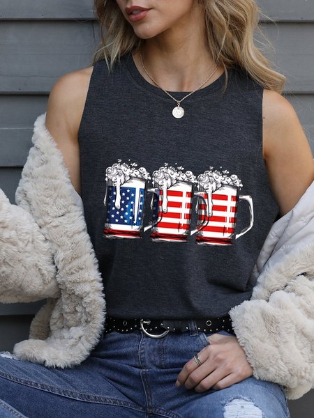 

American Flag And Beer Sleeveless Crew Neck Cotton-Blend Vests, Black, Tank Tops