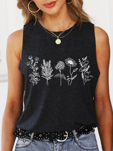 

Flower Sleeveless Casual Crew Neck Floral Vests, Black, Tank Tops